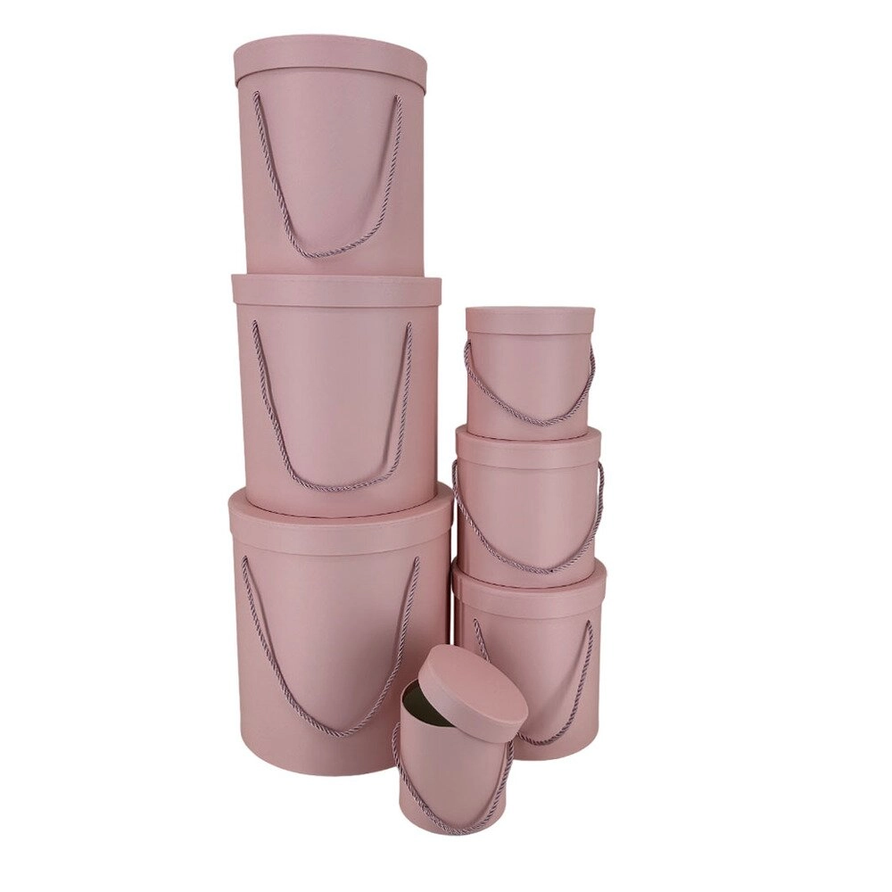 Коробка шляпная, D28xH30 см - D12xH12 см, набор (7 шт), с ручкой Светло-розовый