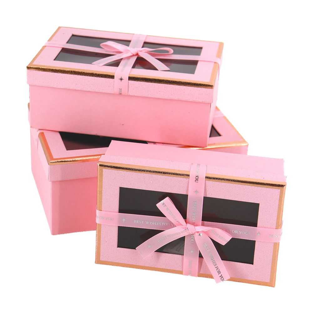 Коробка подарочная, 23x16xH10 см, 21x14xH8 см, 19x12xH6,5 см, набор (3 шт), с окном Розовый