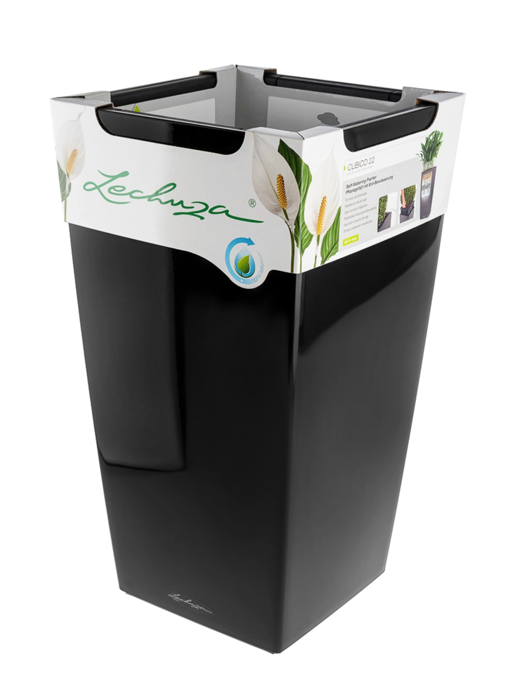 Кашпо Lechuza "Cubico Complete black high gloss" (пластик), 30x30xH56 см Черный блестящий