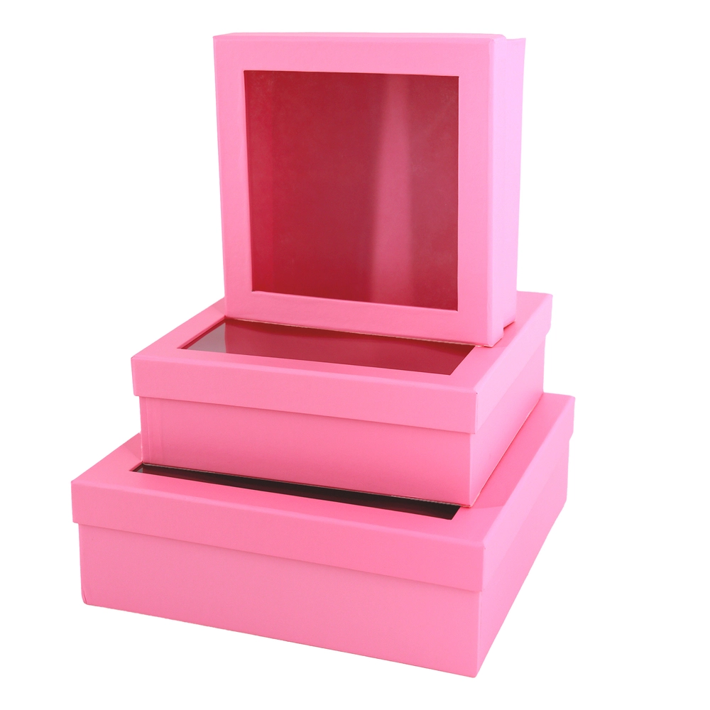 Коробка подарочная, D25хH8см, D21хH7 см, D18хH6 см, набор (3 шт), с окном Розовый