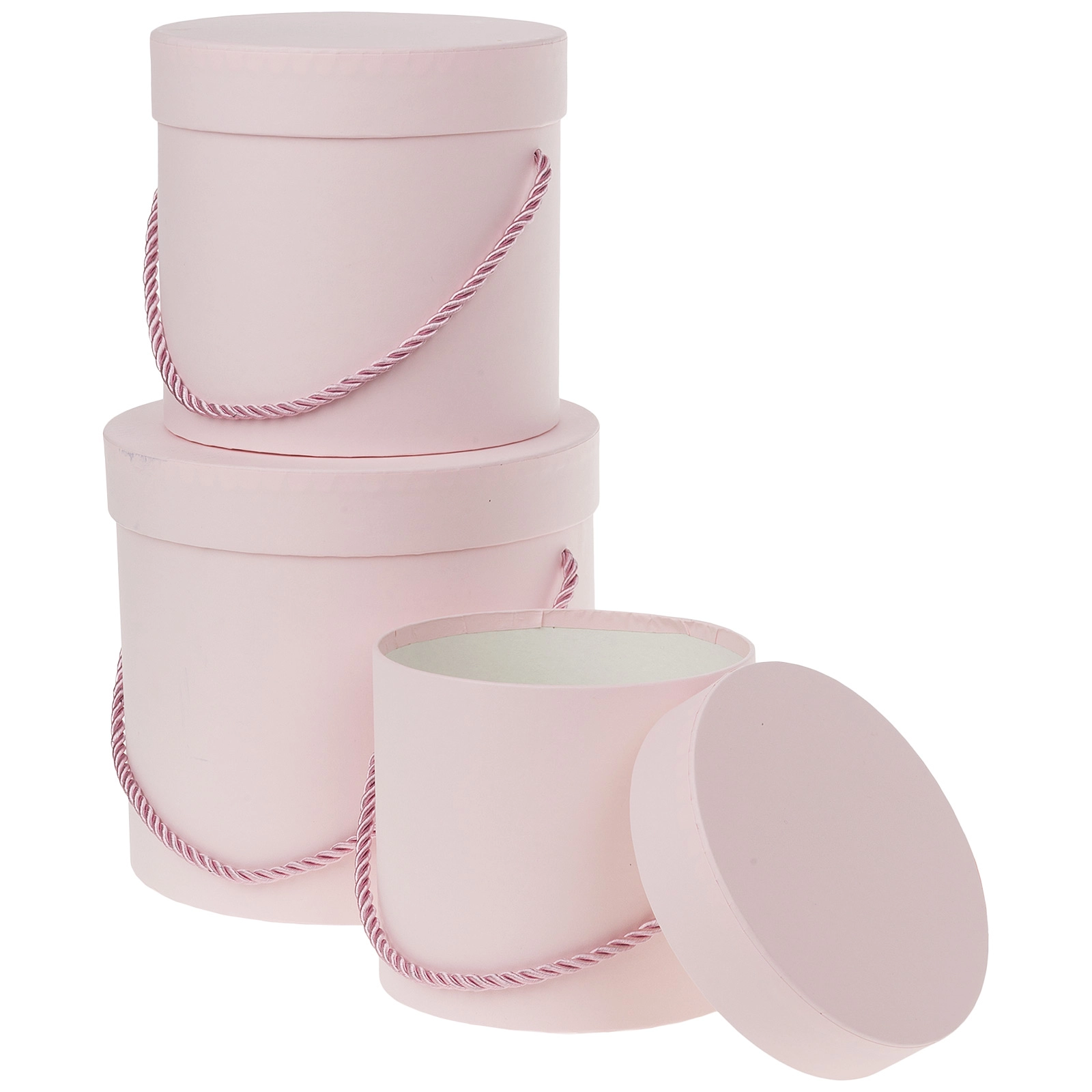 Коробка шляпная, D18,5xH17 см, D16xH15 см, D12xH12 см, набор (3 шт), с крышкой, с ручкой Светло-розо Светло-розовый