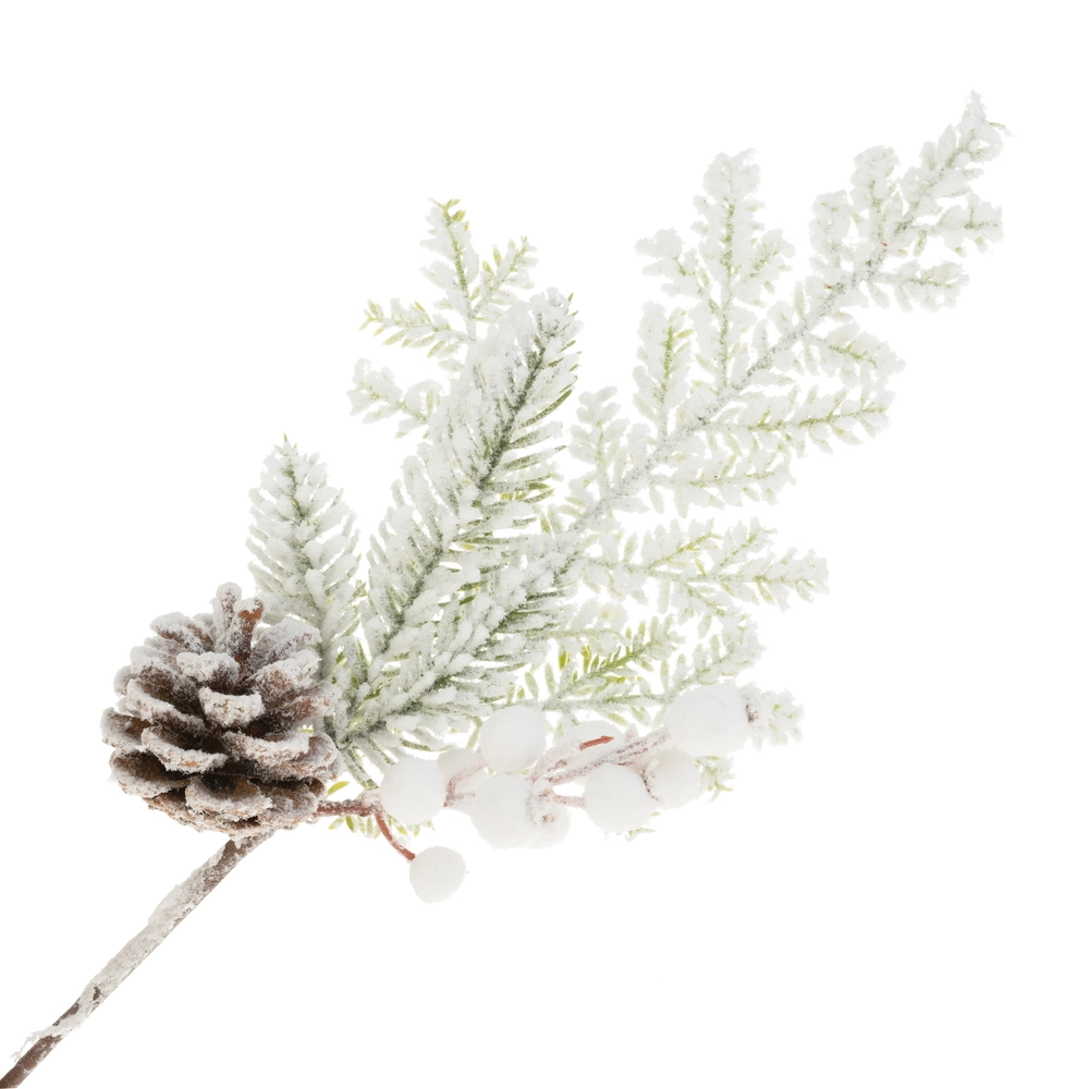 Ветка искусственная еловая заснеженная с ягодами и шишками (пластик), H41 см Зеленый