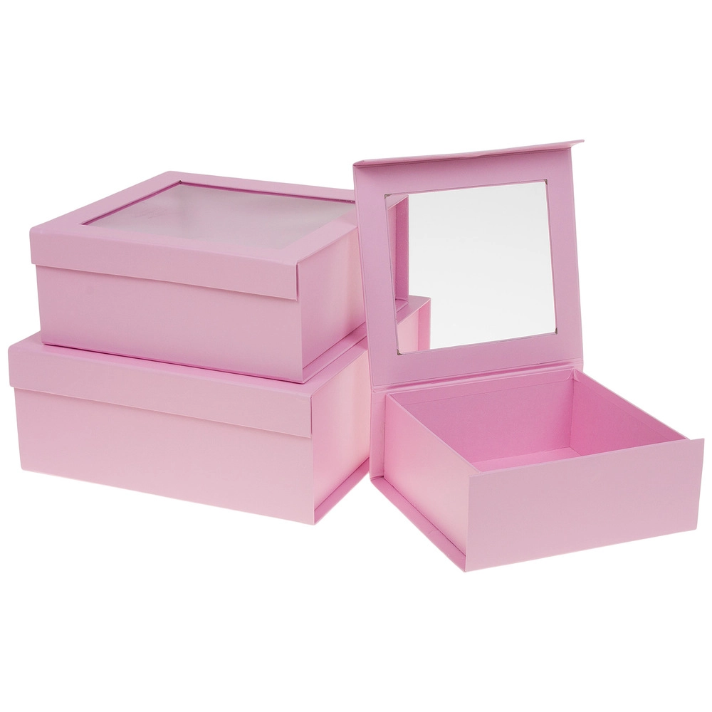 Коробка подарочная, 26,5x25,5xH11 см - 19,5x18xH8 см, набор (3 шт), с окном Розовый