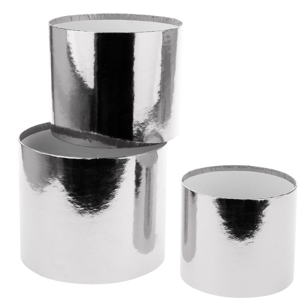 Коробка шляпная "Металлик", D20xH17 см - D15xH13 см, набор (3 шт), без крышки Серебряный