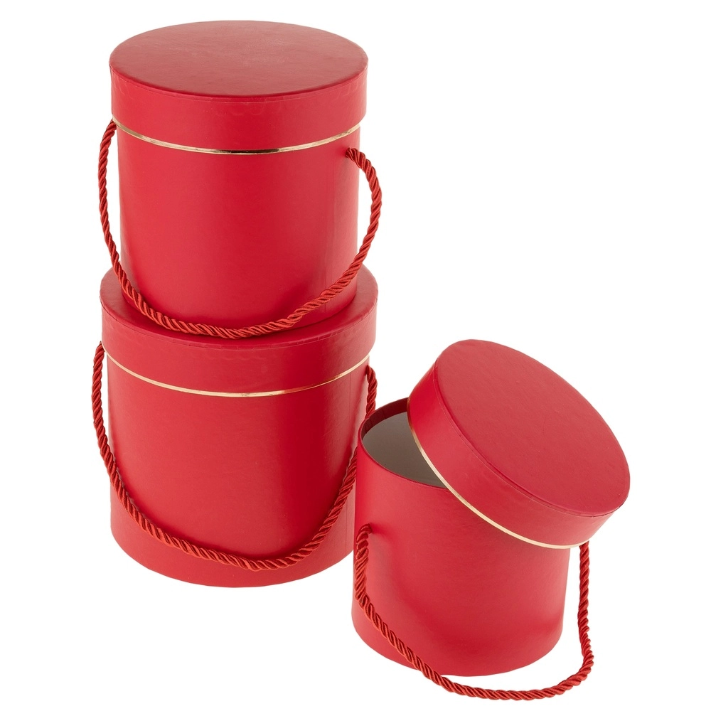 Коробка шляпная "Style", D15xH15 см - D12xH11 см, набор (3 шт), с ручкой Красный