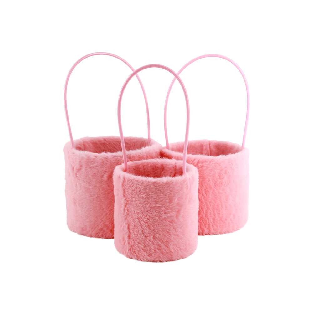 Коробка-кашпо (иск.мех, картон), D16xH14 см, D14,5xH12 см, D12хH12 см, набор (3 шт) Розовый