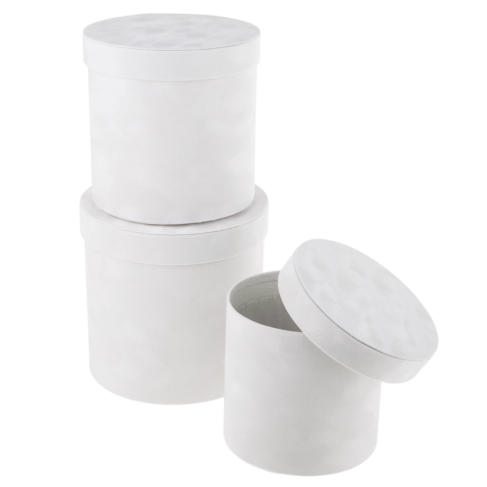 Коробка шляпная (бархат), D19,5xH19 см - D15,5xH15 см, набор (3 шт) Белый