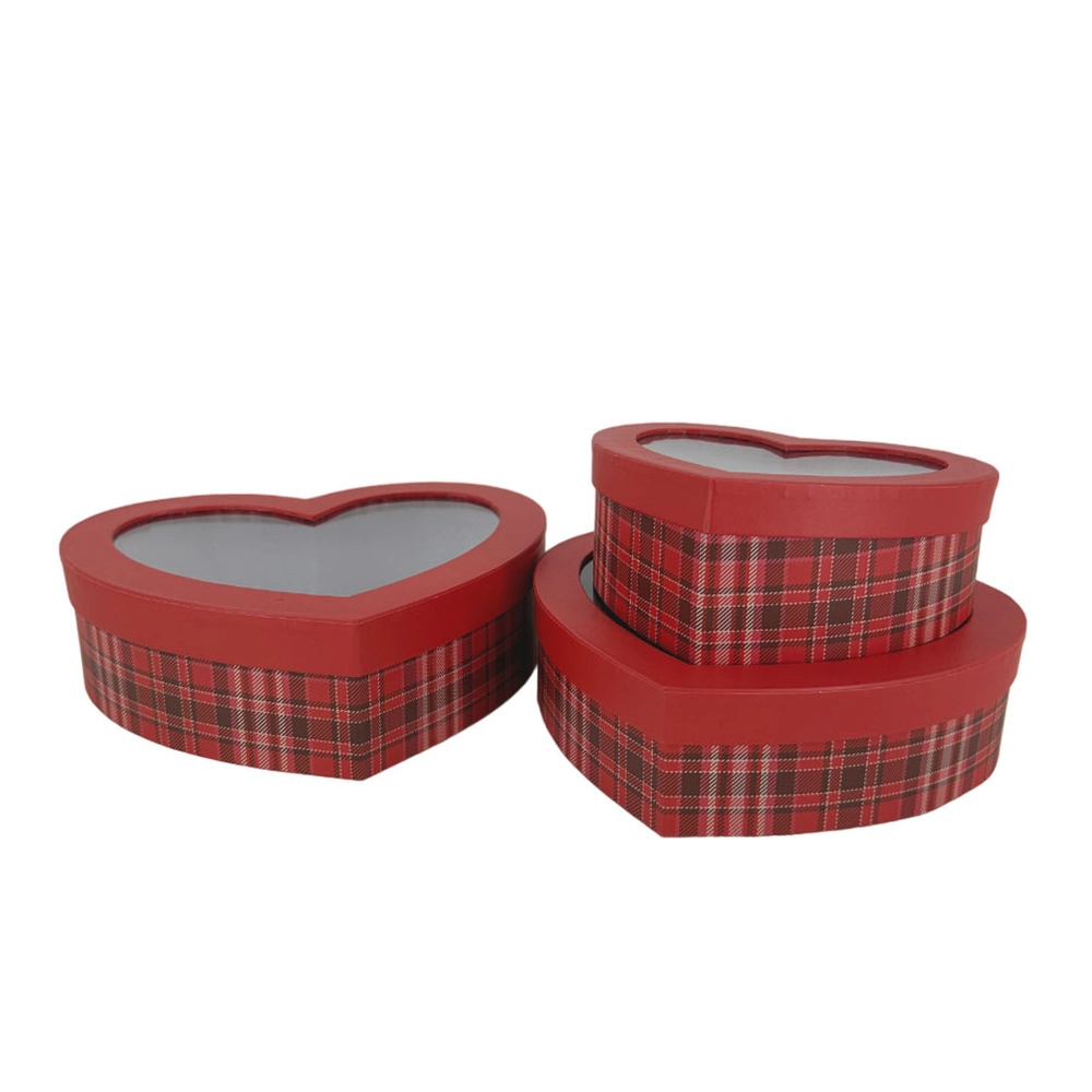 Коробка подарочная "Сердце", 22x18,5xH6,5 см - 15,5x14xH5 см, набор (3 шт), с окном Красный