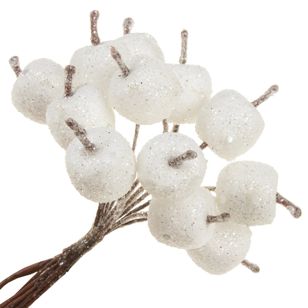 Яблоко искусственное на вставке (пластик), D2xH10,5 см, набор (12 шт), с глиттером Белый