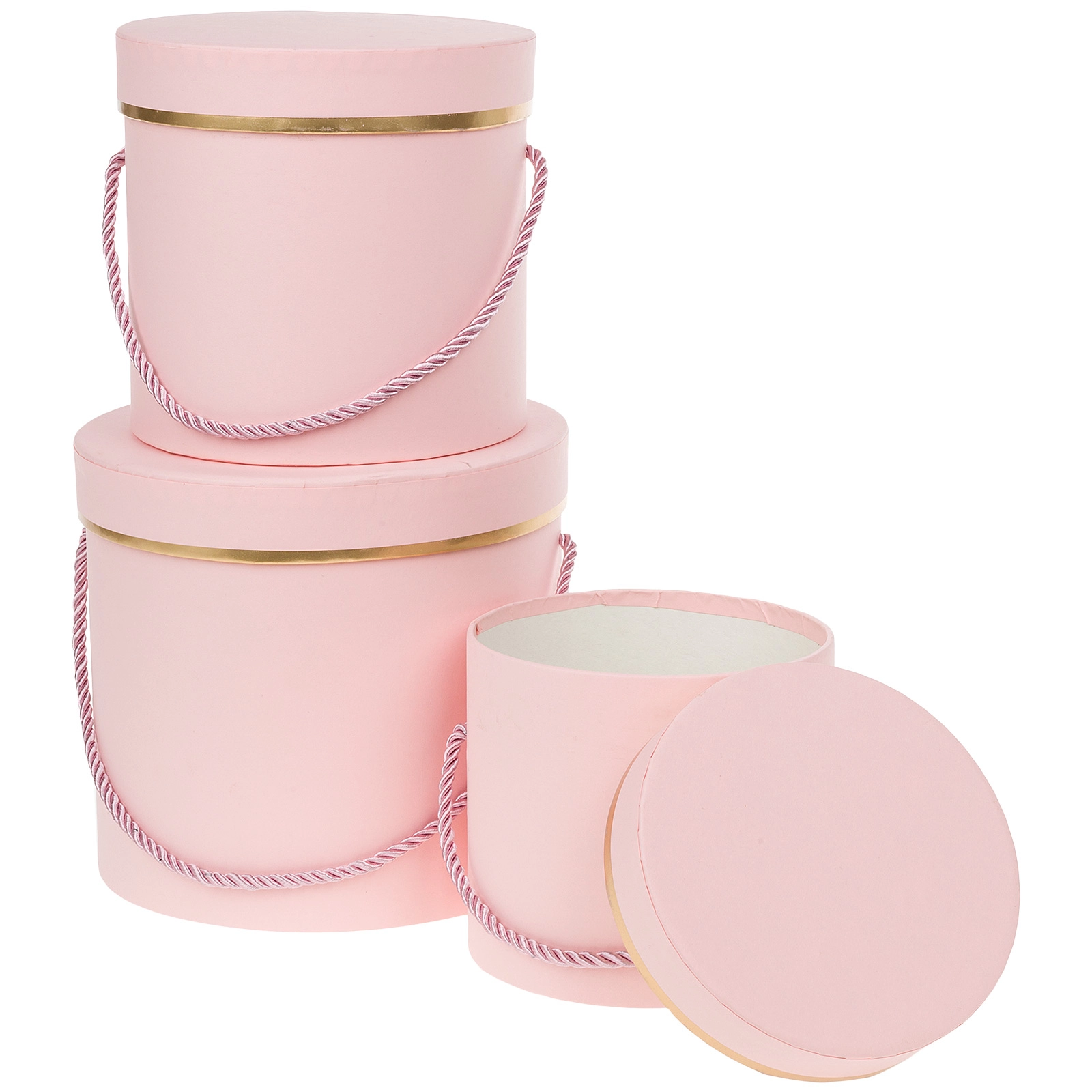 Коробка шляпная, D18,5xH17 см - D12xH12 см, набор (3 шт), с ручкой Розовый