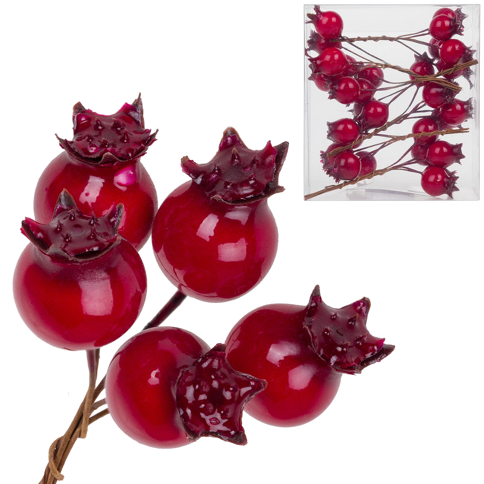 Ягода искусственная на вставке "Шиповник" (пластик), 8,5x4xH9,5 см, набор (30 шт) Красный