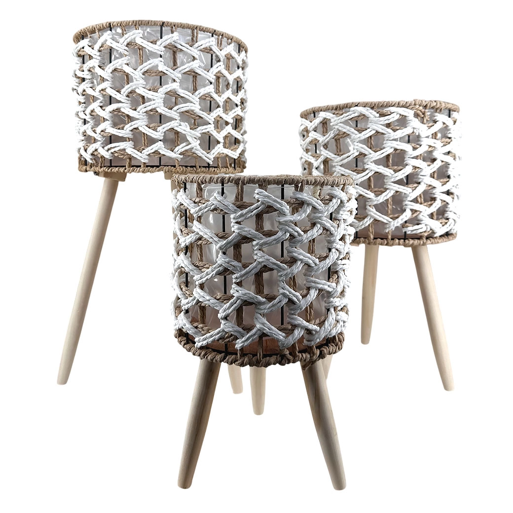 Кашпо плетеное (трава), D25xH22,5/59 см - D20,5xH19/34 см, набор (3 шт), на ножках Белый